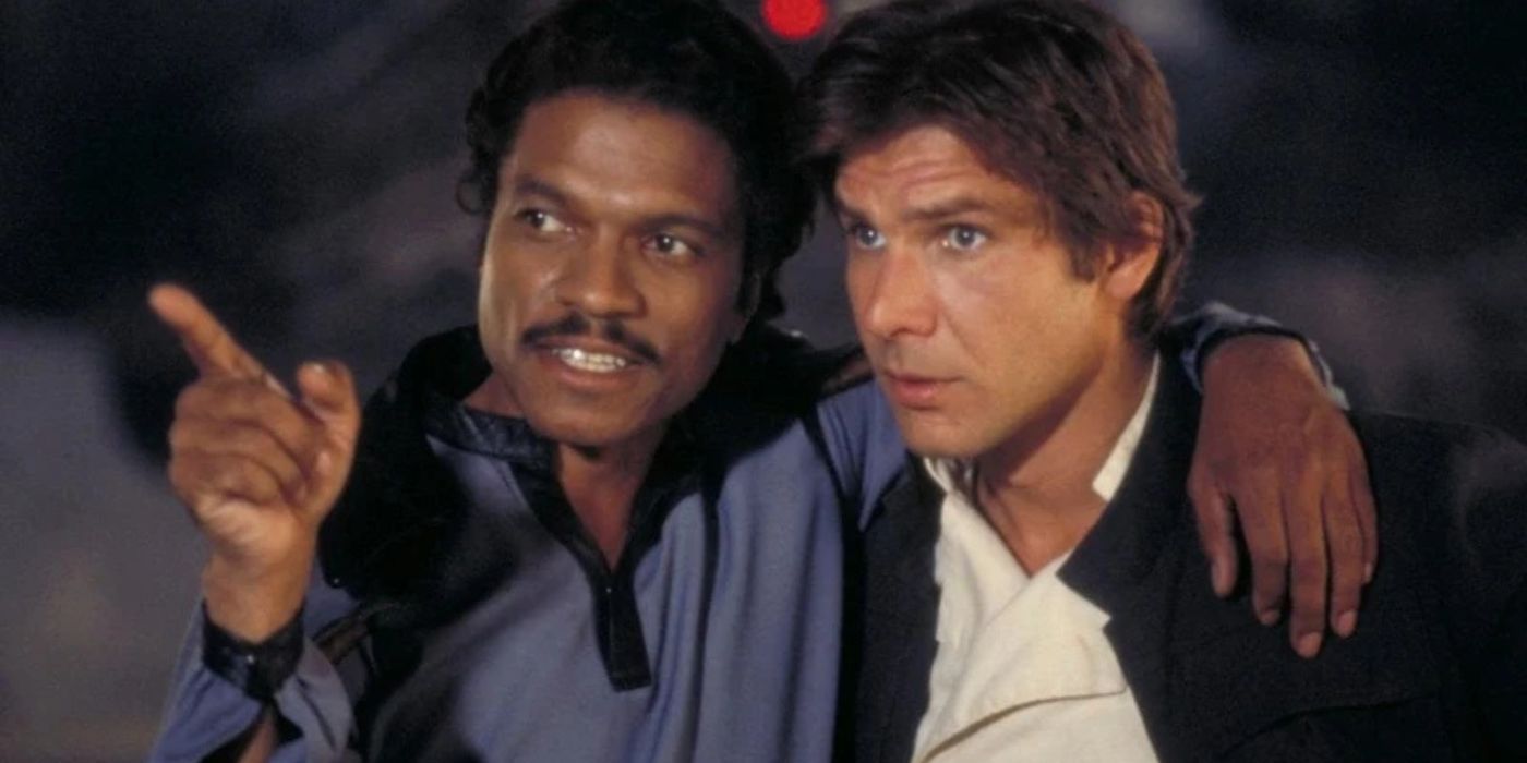 Han talking to Lando, who&rsquo;s pointing ahead in Star Wars: Episode V - The Empire Strikes Back.