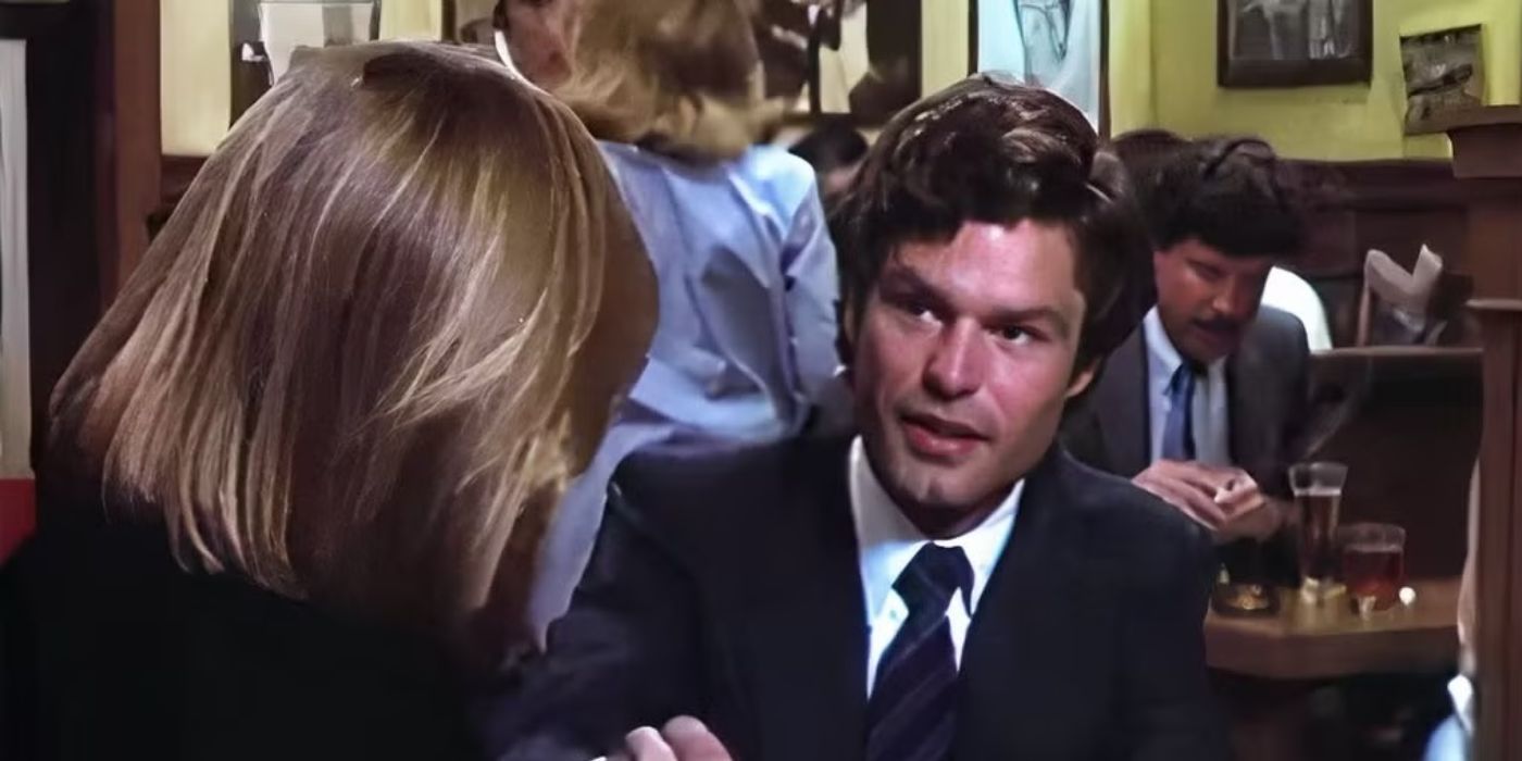 Susan Dey as Grace Van Owen shakes hands with Harry Hamlin as Michael Kuzak in a restaurant in L.A. Law.