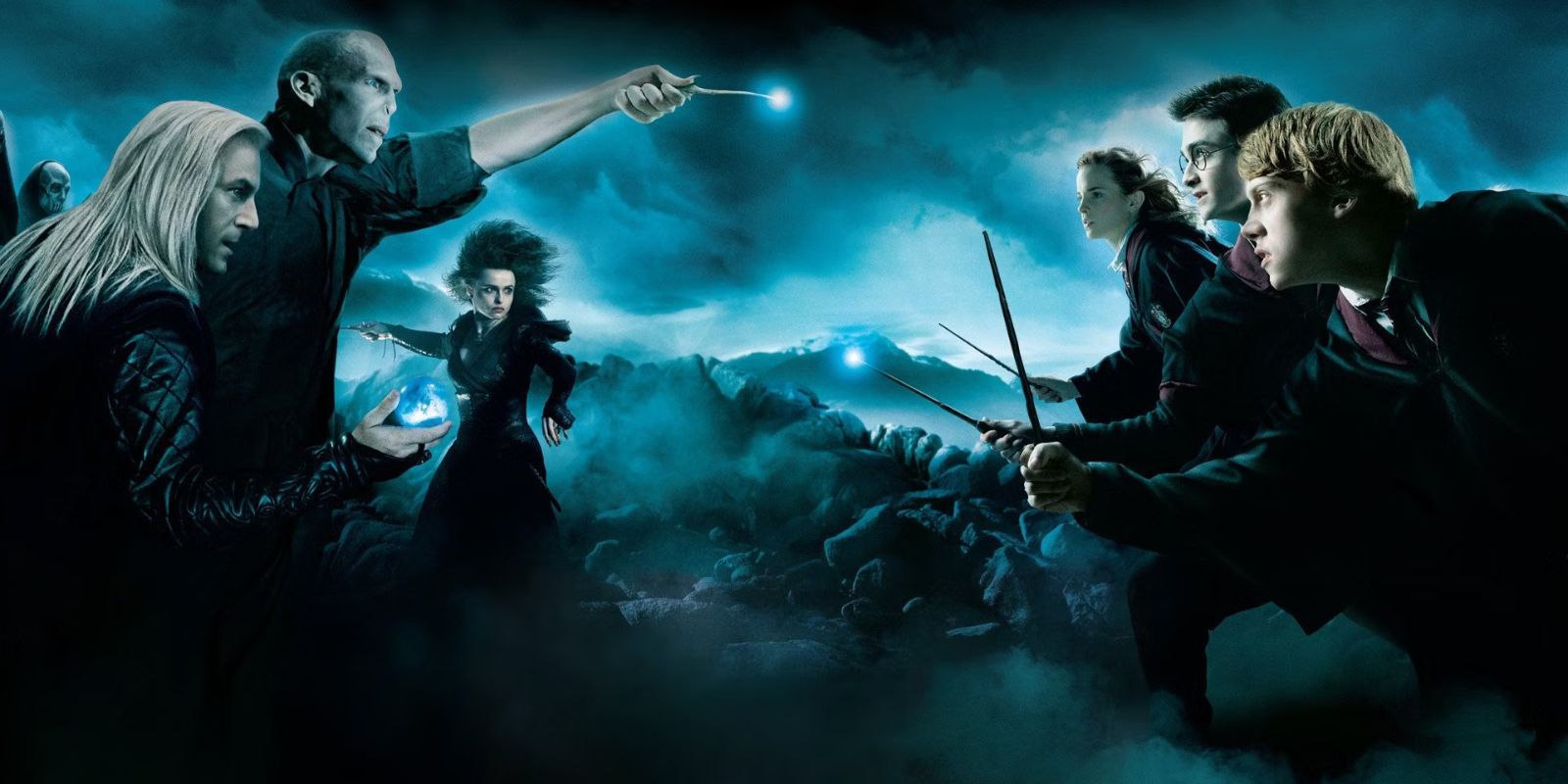 Harry, Ron, and Hermione facing Voldemort and the Death Eaters in Harry Potter and the Order of the Phoenix