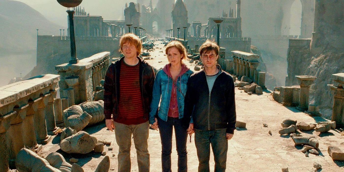 Ron (Rupert Grint), Hermione (Emma Watson), and Harry (Daniel Radcliffe) at the end of 'Harry Potter and the Deathly Hallows: Part 2'