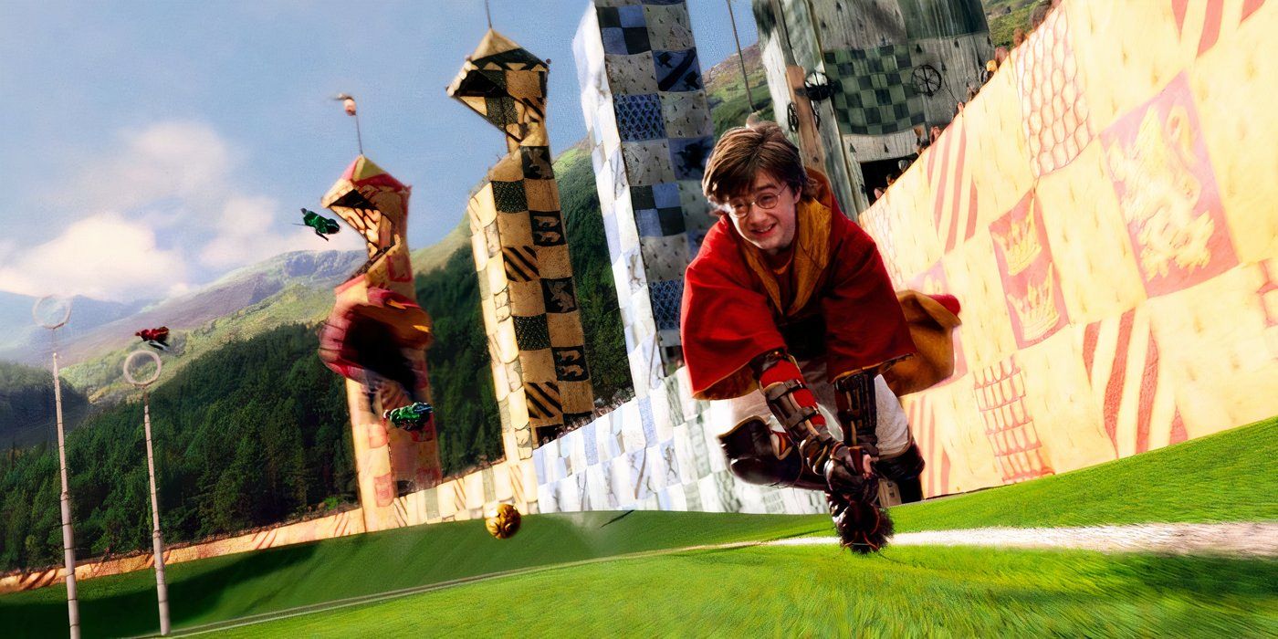 Harry on his broom at the quidditch field in Harry Potter and the Philosopher's Stone.