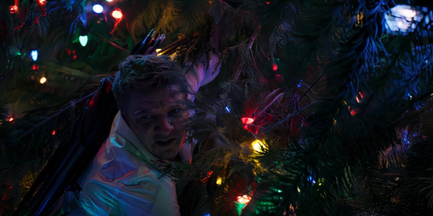 Clint Barton (Jeremy Renner) is stuck in the Rockefeller Center Christmas tree in Marvel Studios' 'Hawkeye'.