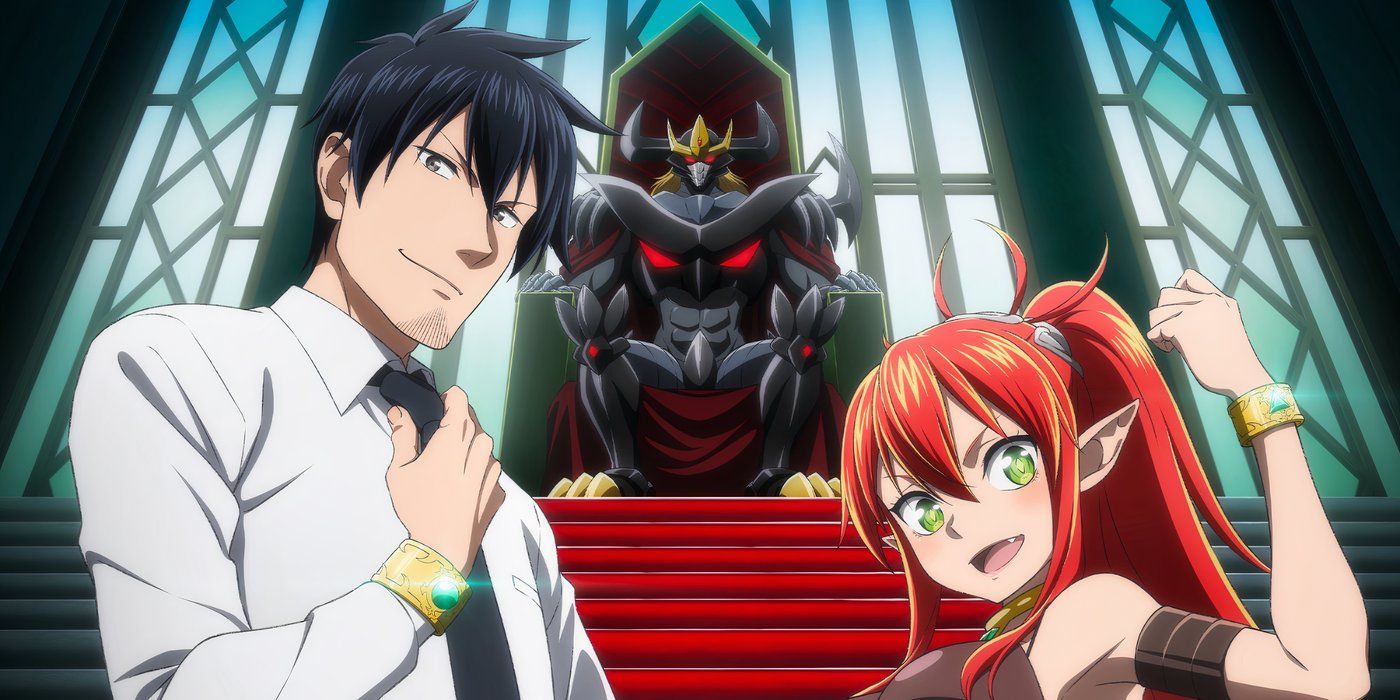 A poster of Headhunted to Another World: From Salaryman to Big Four! with Uchimura, the Dark Lord and Urmander
