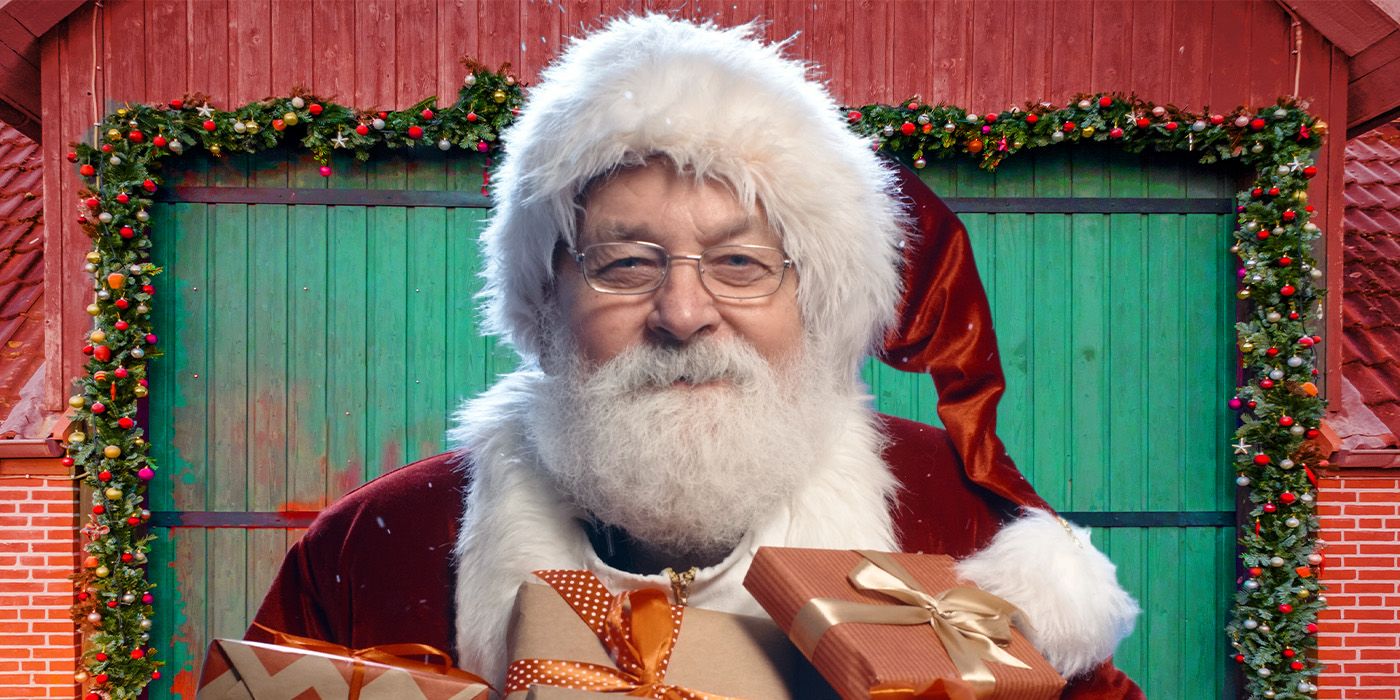 Santa Claus with presents in front of a bar