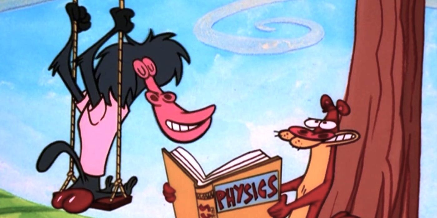 I. R. Baboon swings while I. M. Weasel reads from a physics book in the animated series I Am Weasel.