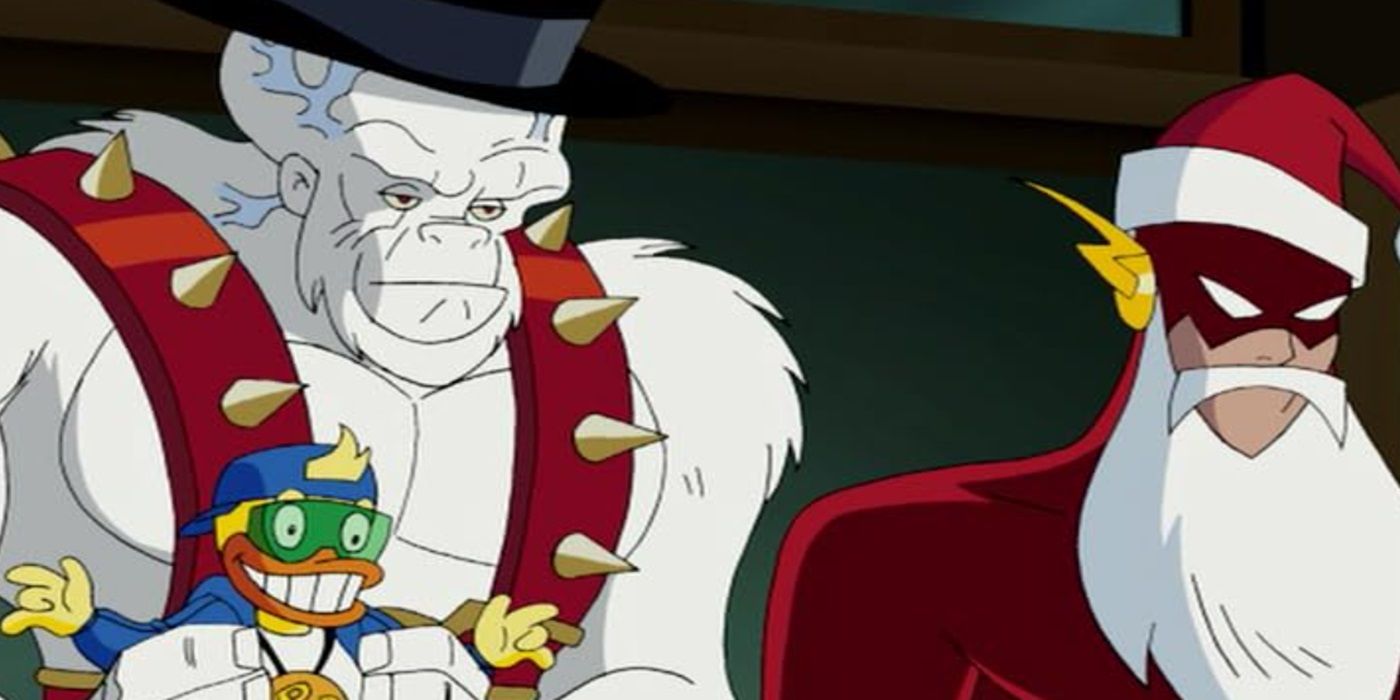 Ultra Humanite and the Flash, dreassed up as snow man and Santa, voiced by Ian Buchanan and Michael Rosenbaum in Justice League