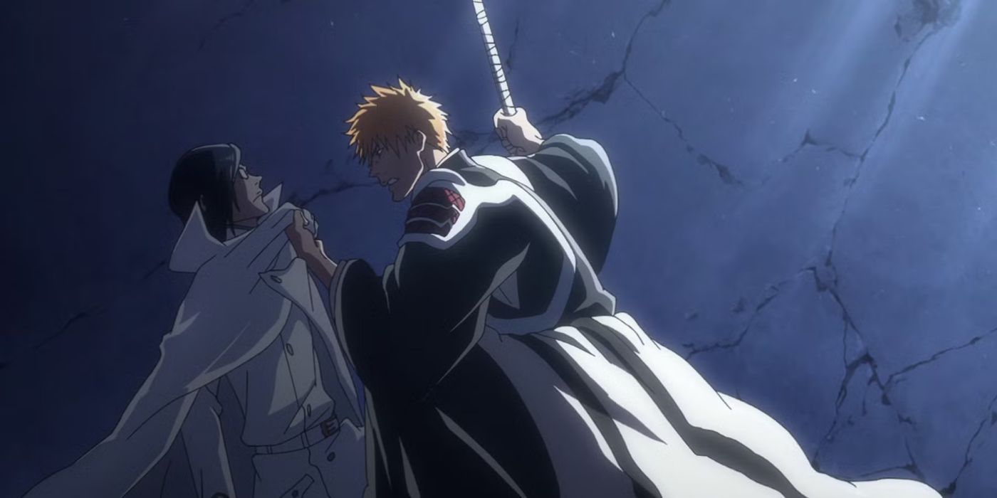 Ichigo holding Ishida by the collar in Bleach.