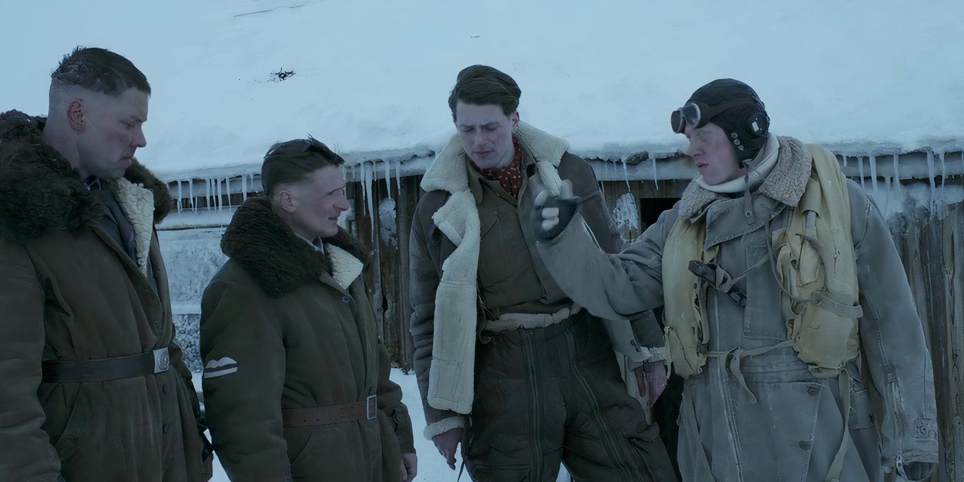 Four pilots talking under the snow in Into the White