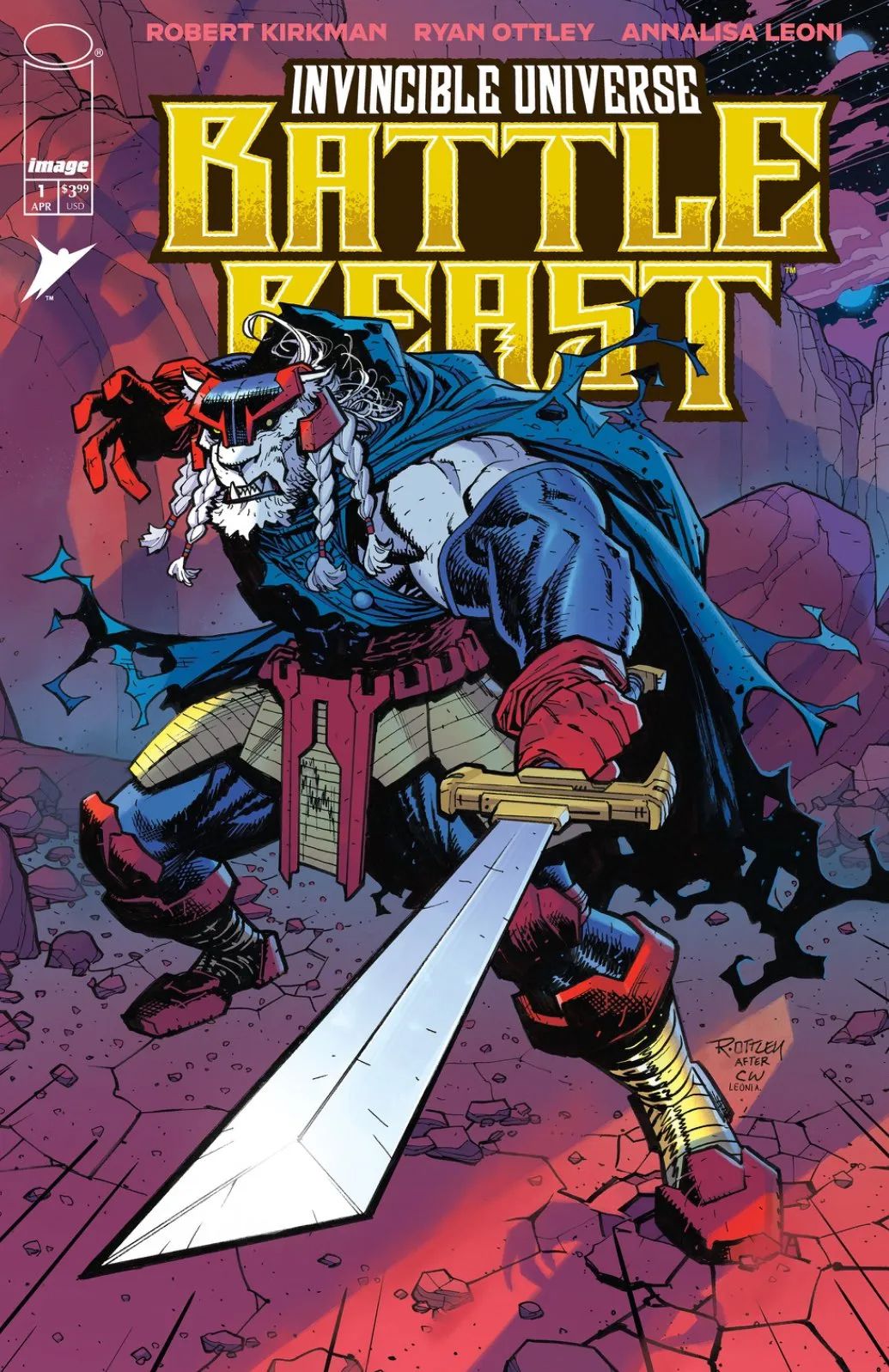 Battle Beast takes his battle stance with sword in-hand on the cover for Invincible Universe: Battle Beast