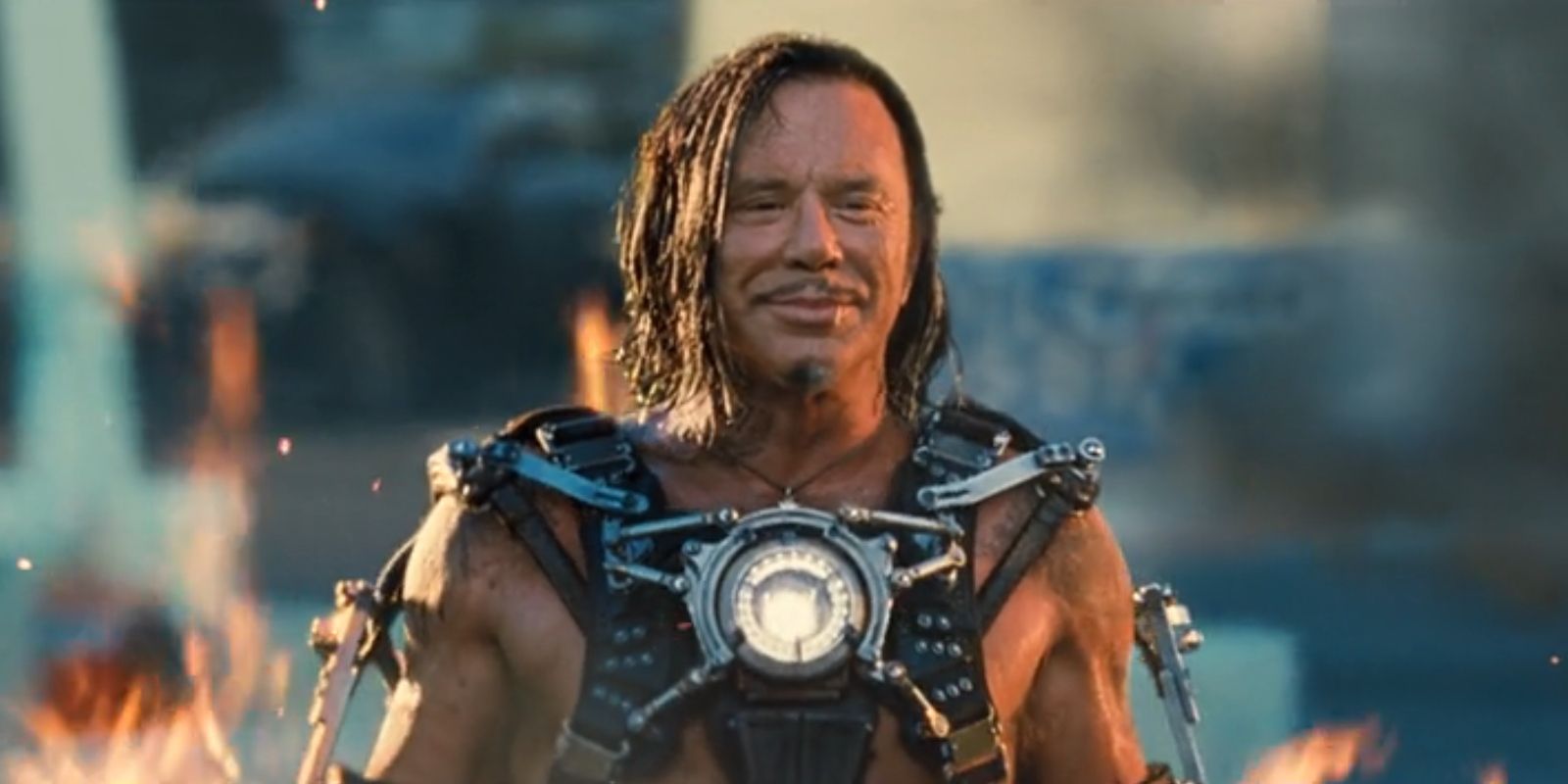 Ivan Vanko, played by Mickey Rourke, smiles in 'Iron Man 2'.