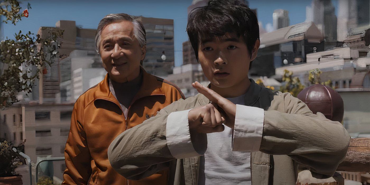 Jackie Chan and Ben Wang as Mr. Han and Li Fong in Karate Kid: Legends.