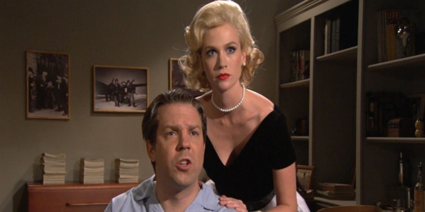 January Jones stars in a sketch with Jason Sudeikis on Saturday Night Live