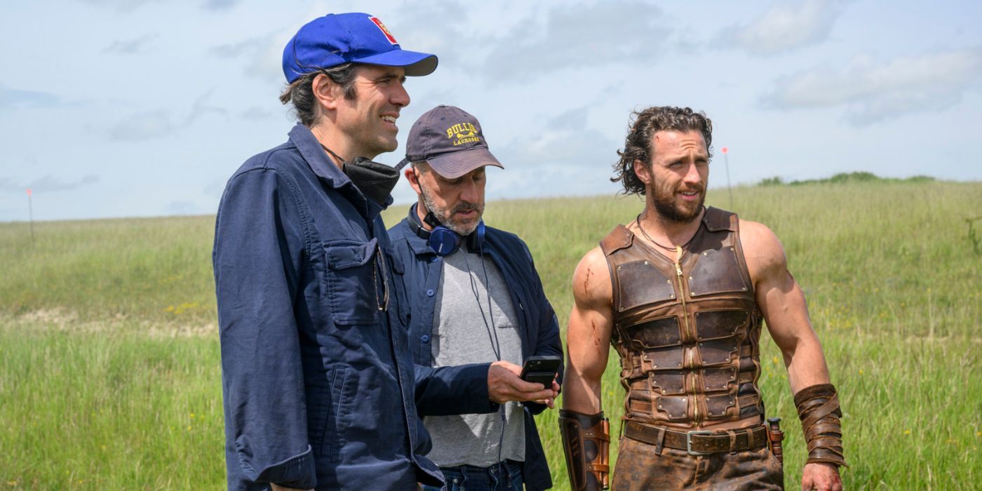 JC Chandor, Matt Tolmach, and Aaron Taylor-Johnson on the set of Kraven the Hunter.