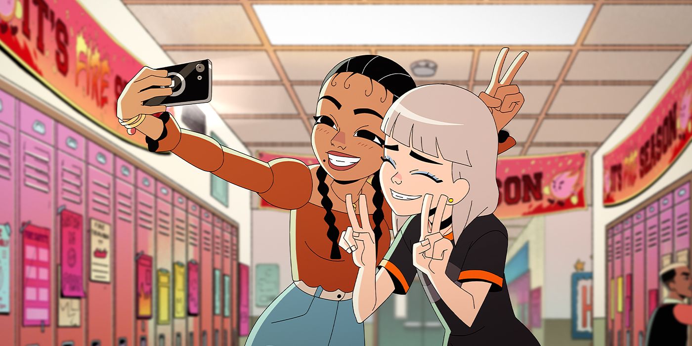 Stella (Cristina Milizia) taking a selfie with Jentry Chau (Ali Wong) in a school hallway.