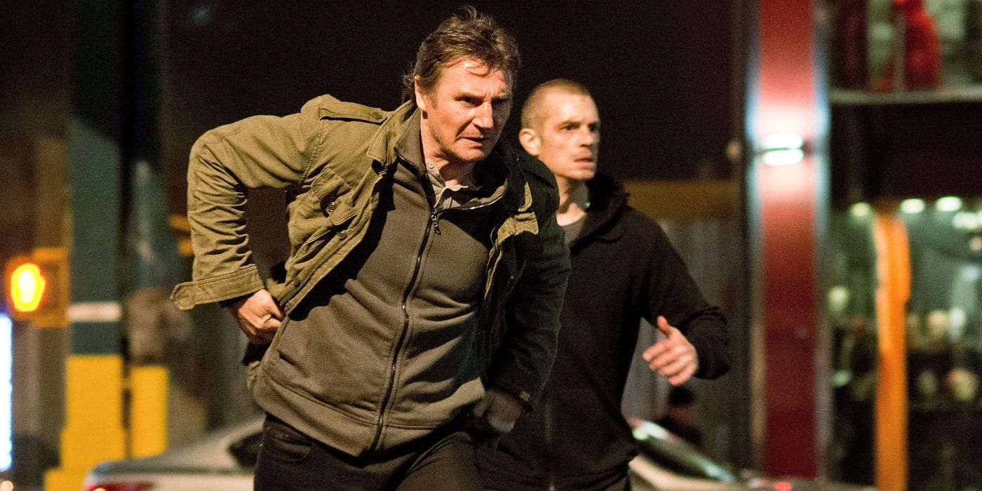 Jimmy (Liam Neeson) and Mike (Joel Kinnaman) running in &lsquo;Run All Night&rsquo;