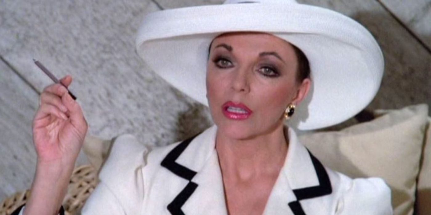 An elegant woman depicted wearing a white suit with black collar accents and a white hat, a cigarette in her right hand, and looking at someone off screen