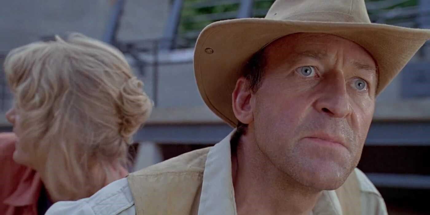 Robert Muldoon looking intenly ahead in Jurassic Park