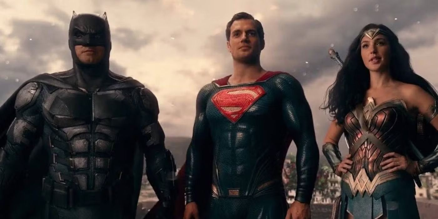 Batman (Ben Affleck), Superman (Henry Cavill) and Wonder Woman (Gal Gadot) in a reshot frame from Justice League (2017)