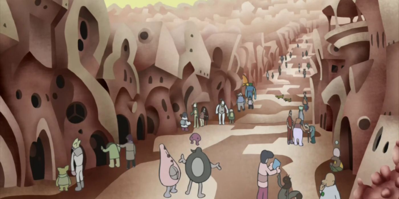 People walking down a street in Kaiba anime