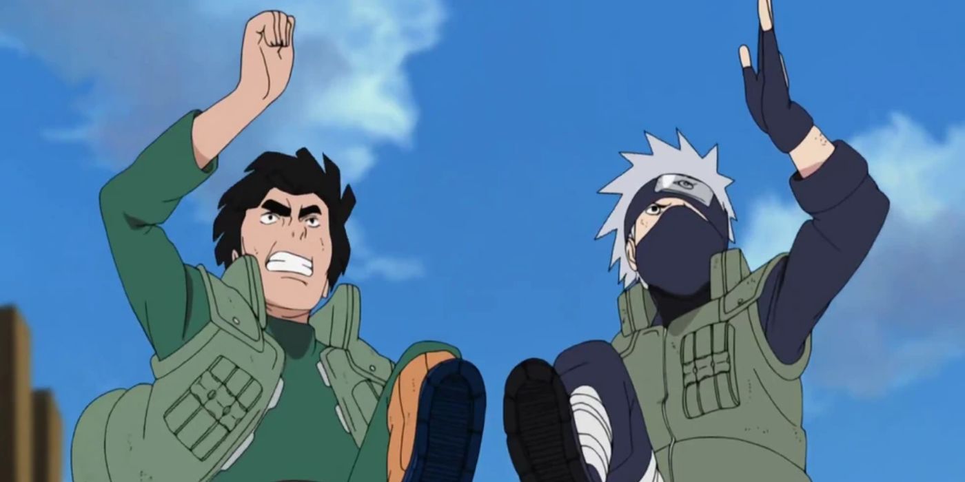 Kakashi and Guy jumping in the air from Naruto