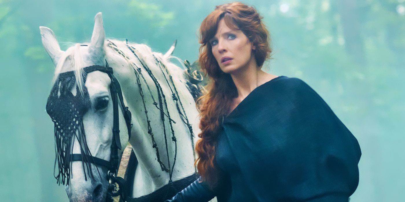 Kelly Reilly next to a white horse in Britannia