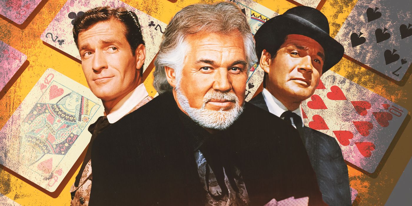 Kenny Rogers flanked by two other Western stars and a playing card background