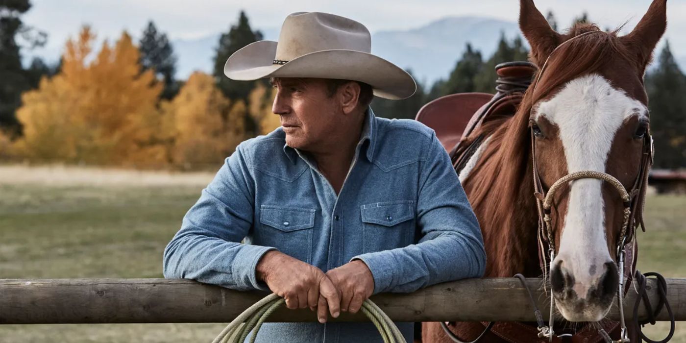 Kevin Costner posing with a horse in the first episode of Yellowstone.