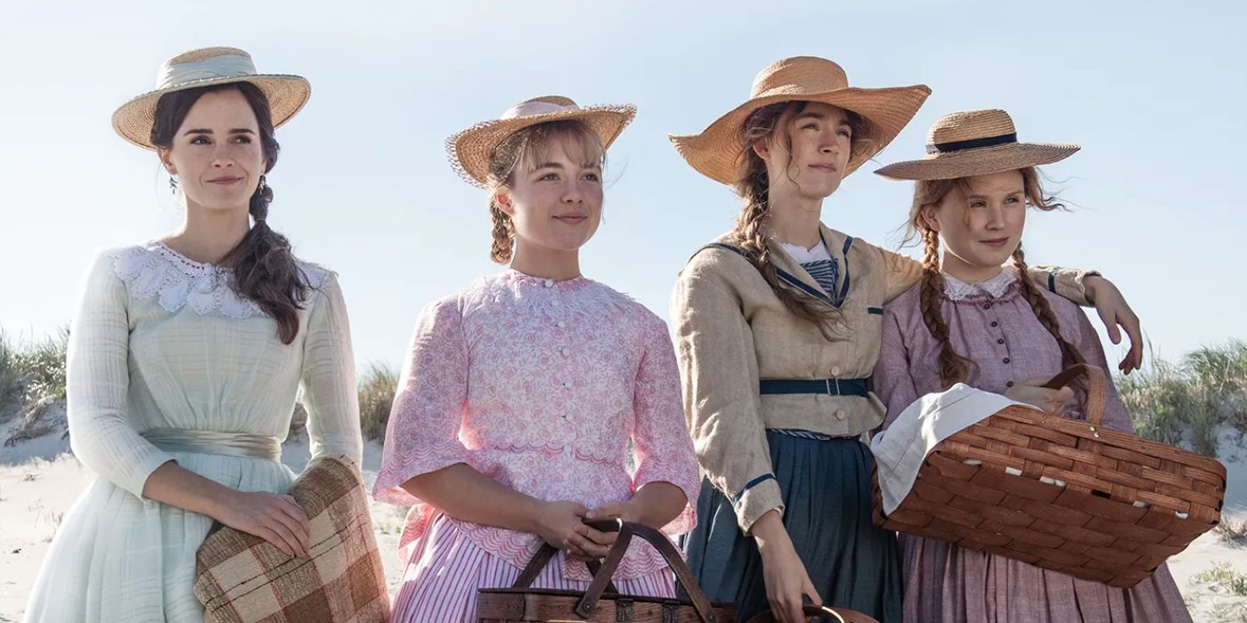 Meg, Amy, Jo, and Beth March standing in a line wearing hats and holding baskets in Little Women.
