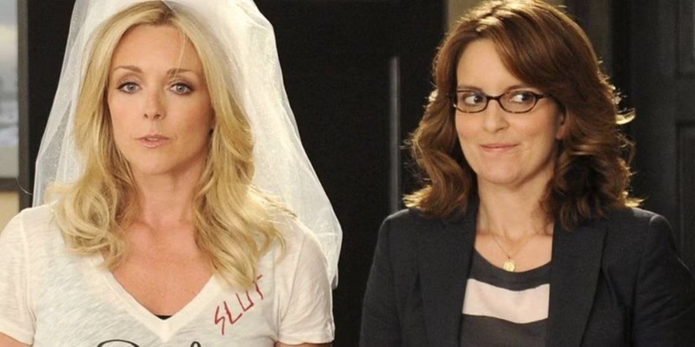 Jane Krakowski as Jenna Maroney in a fake bride veil stands next to Tina Fey as Liz Lemon in 30 Rock.