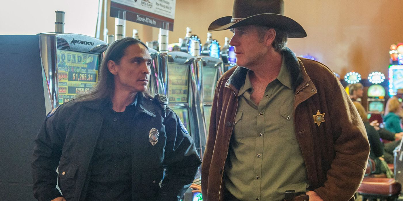 Tribal Police Chief Mathias (Zahn McClarnon) and Sheriff Walt Longmire (Robert Taylor) at the Four Arrows Casino in the &lsquo;Longmire&rsquo; episode &ldquo;The Calling Back.&quot;