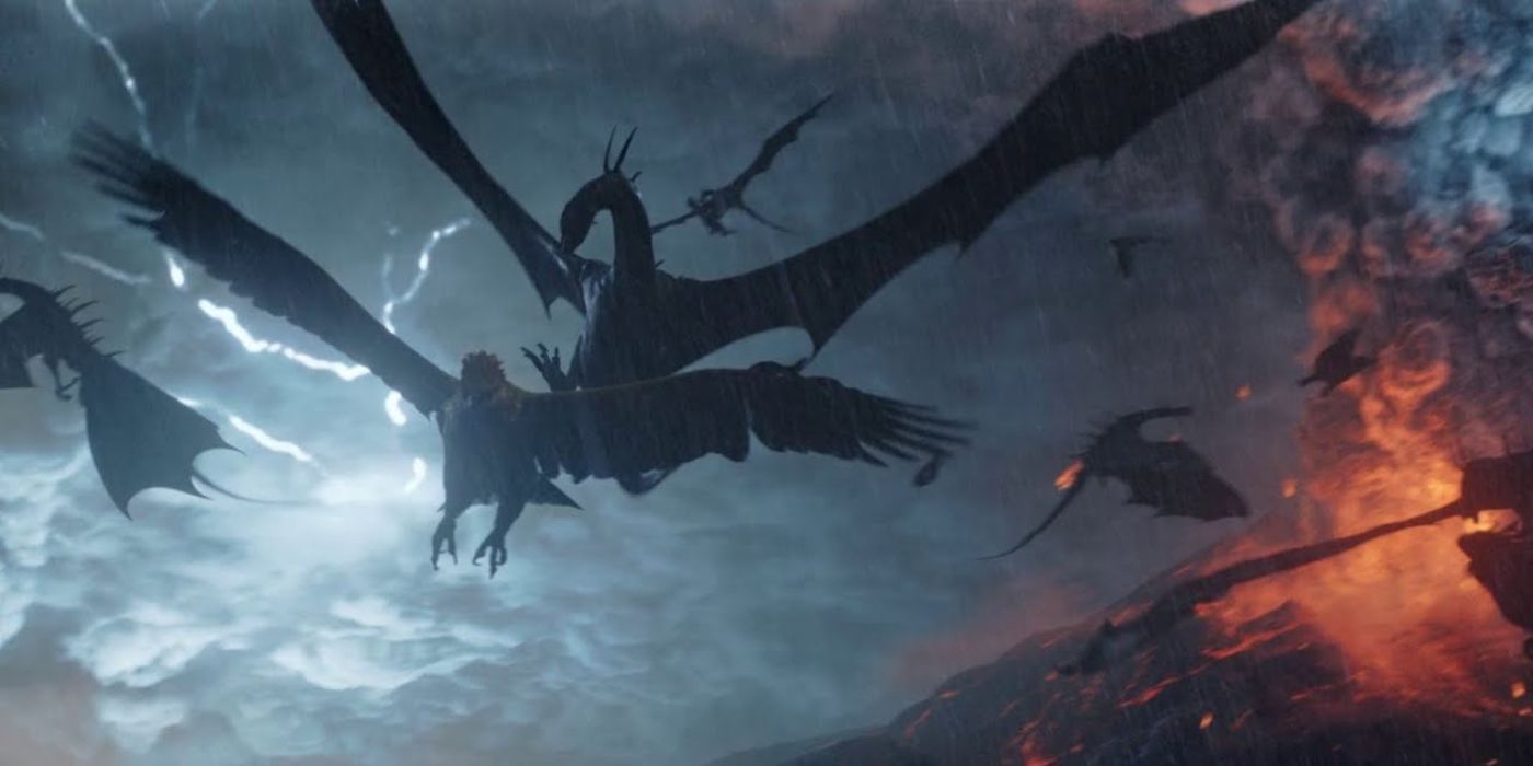 Fel beasts battle eagles in the sky while volcanoes erupt in the background