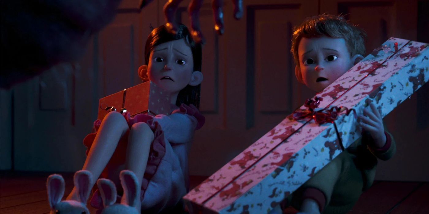 Children Leah and Billy hold presents and look terrified in Love, Death, & Robots "All Through the House".