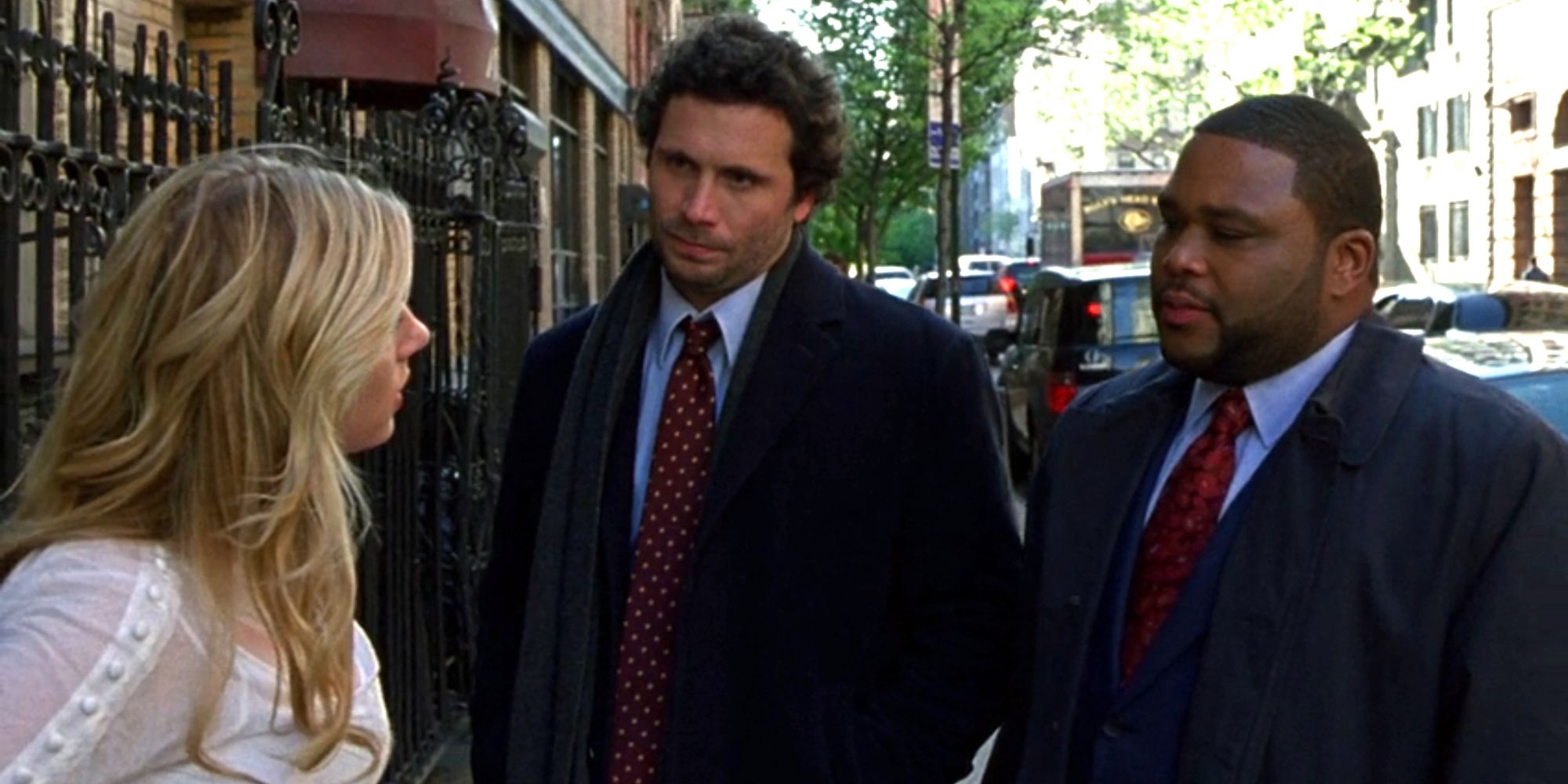 Lupo (Jeremy Sisto) and Bernard (Anthony Anderson) talking outside in 'Law & Order' season 18, episode 18 "Excalibur."