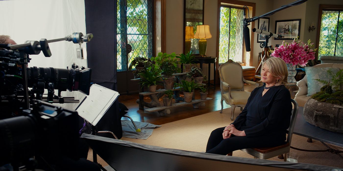 Martha Stewart sitting for an interview for &lsquo;Martha&rsquo; in a living room with cameras in front of her