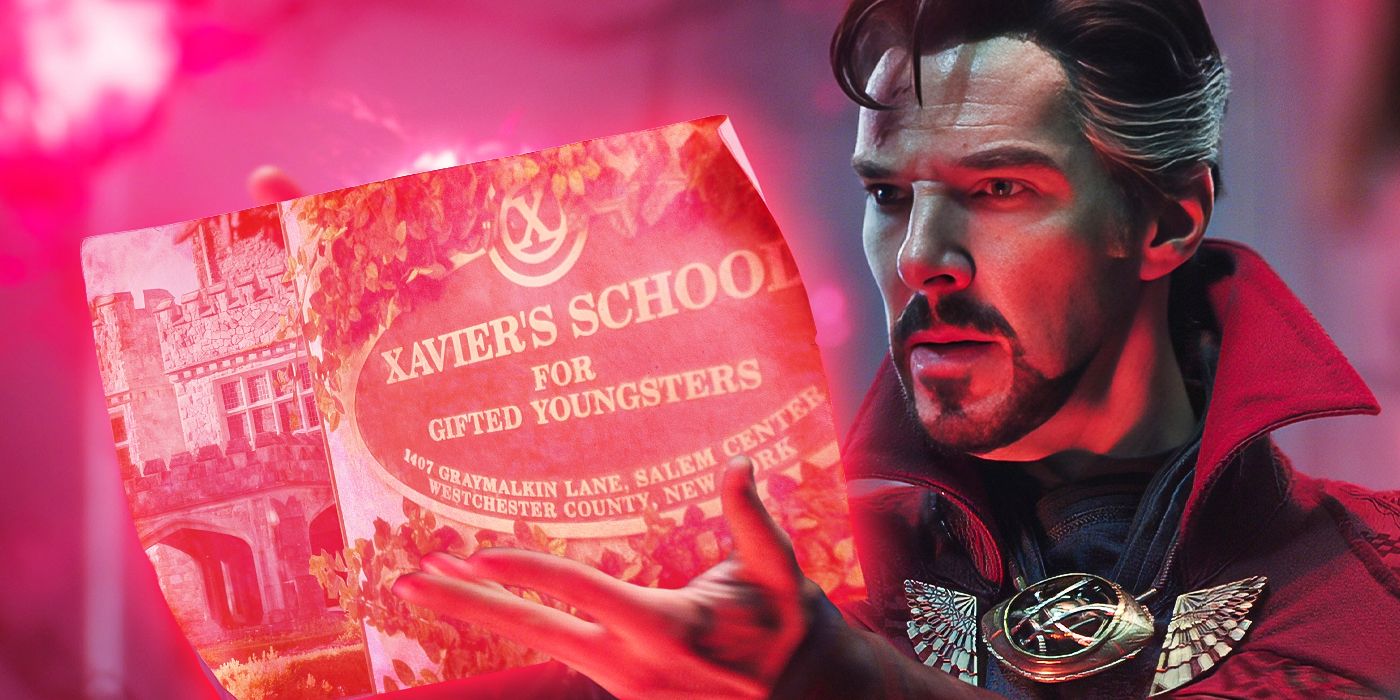 Blended image showing Doctor Strange holding a pamphlet for the Xavier School