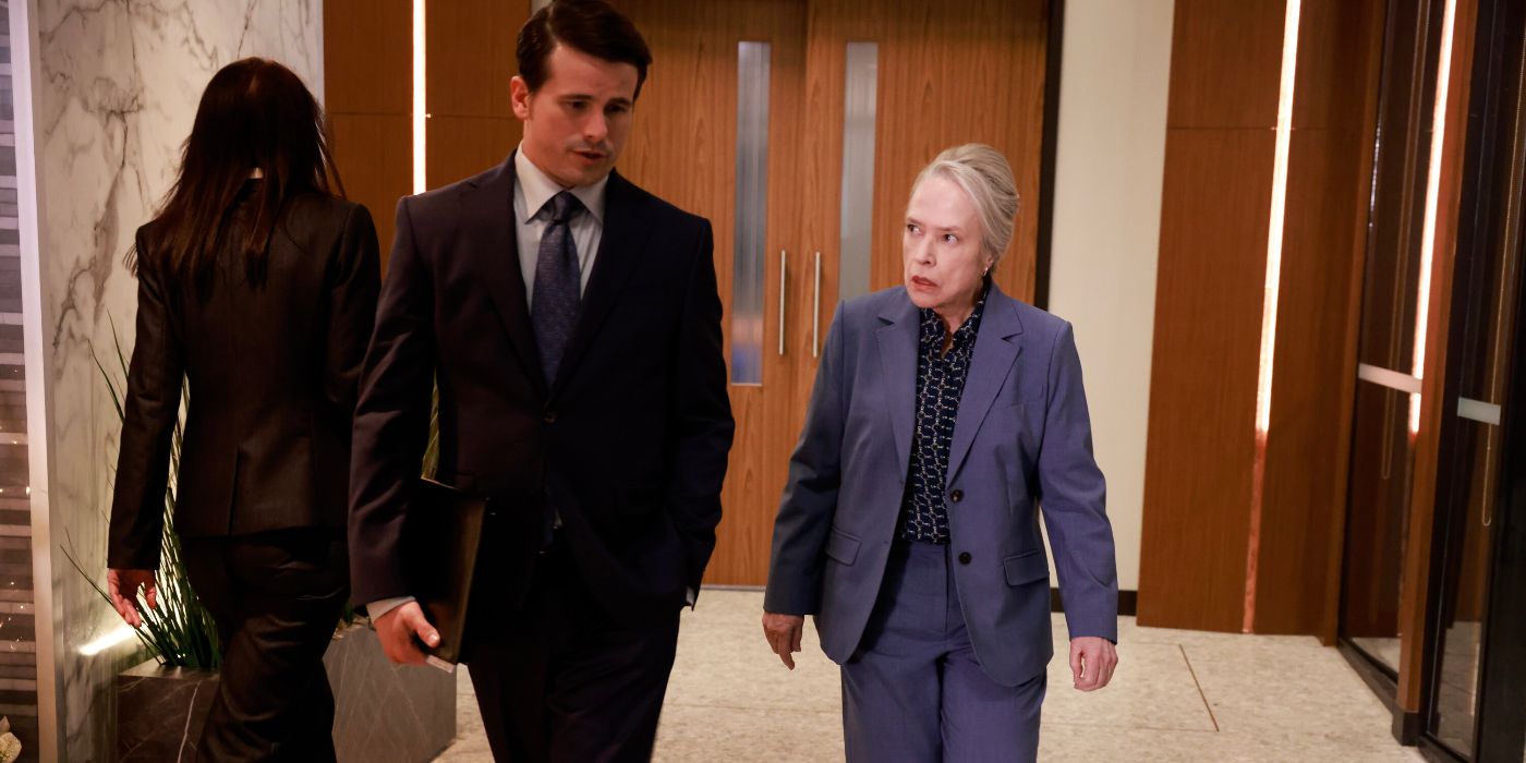 Jason Ritter and Kathy Bates walking down a hall in Matlock Episode 7