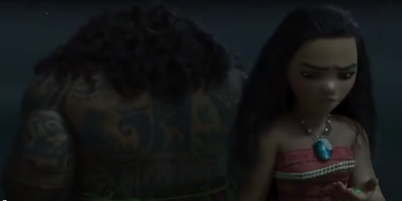 Moana and Maui with their backs to each other in Moana