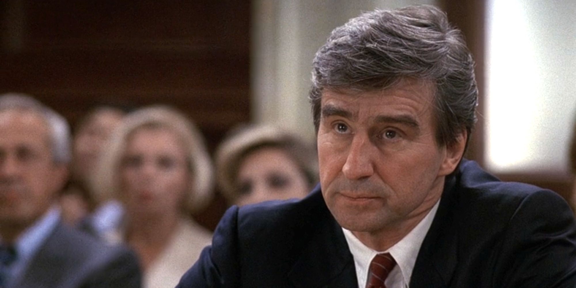 McCoy (Sam Waterston) sitting in court in 'Law & Order' season 6, episode 6 "Paranoia."