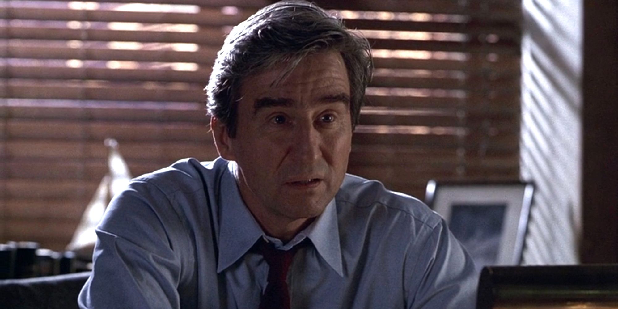 McCoy (Sam Waterston) sitting in his office in 'Law & Order' season 8 episode 6 "Baby, It's You."