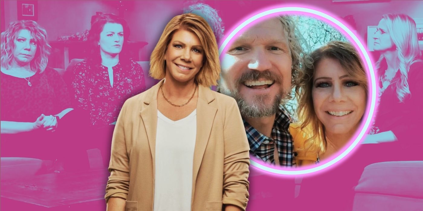 Meri Brown from Sister Wives over a pink background with a photo of her and a man