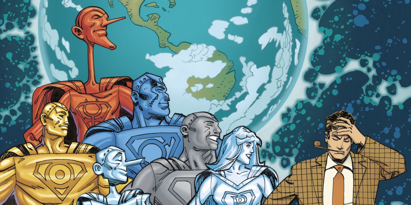 Os homens de metal olhando para a direita enquanto o Dr. Will Magnus tem a mão na cabeça na capa de Metal Men #5.