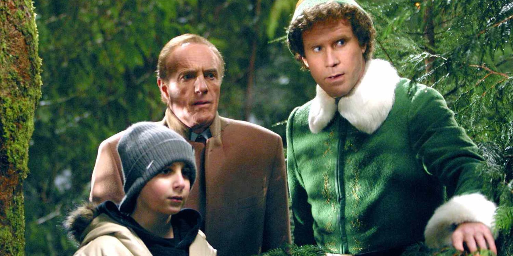 Daniel Tay as Michael, Walter, and Buddy standing in a park seeing Santa in New York in Elf.