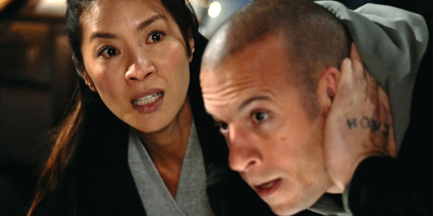 Michelle Yeoh and Vin Diesel looking at different directions off-screen, looking worried and out of breath