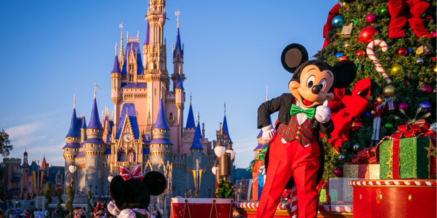 Mikey Mouse near the Magic Kingdom castle in &lsquo;The Disney Parks Magical Christmas Day Parade&rsquo;.