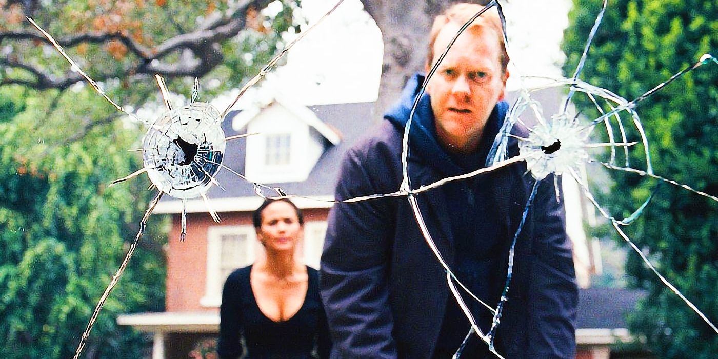 Actor Kiefer Sutherland stands outside a house looking confused, with a cracked glass effect overlaid.