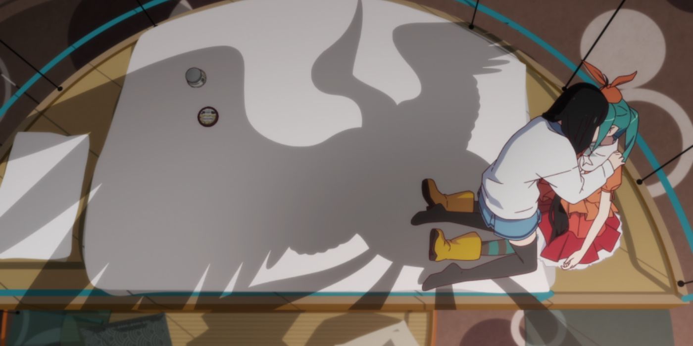 Nadeko holding Yotsugi with a shadow of a crane in Monogatari Series: Off and Monster Season.