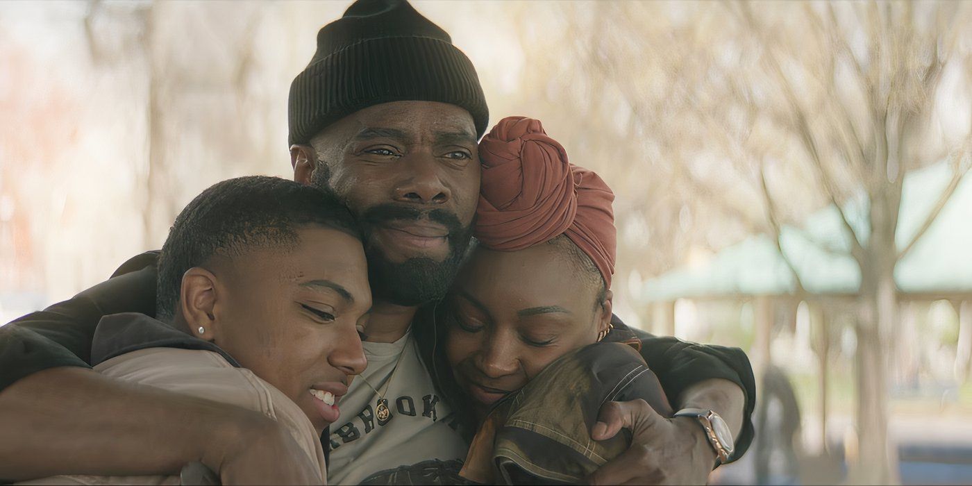 Thaddeus J. Mixson as Demetrius, Colman Domingo as Muncie Daniels and Gabrielle Graham as Kallie hug in The Madness.