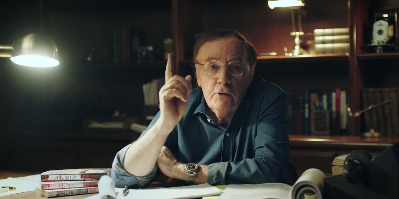 James Patterson talking to the camera while sitting behind a desk in murder is forever.