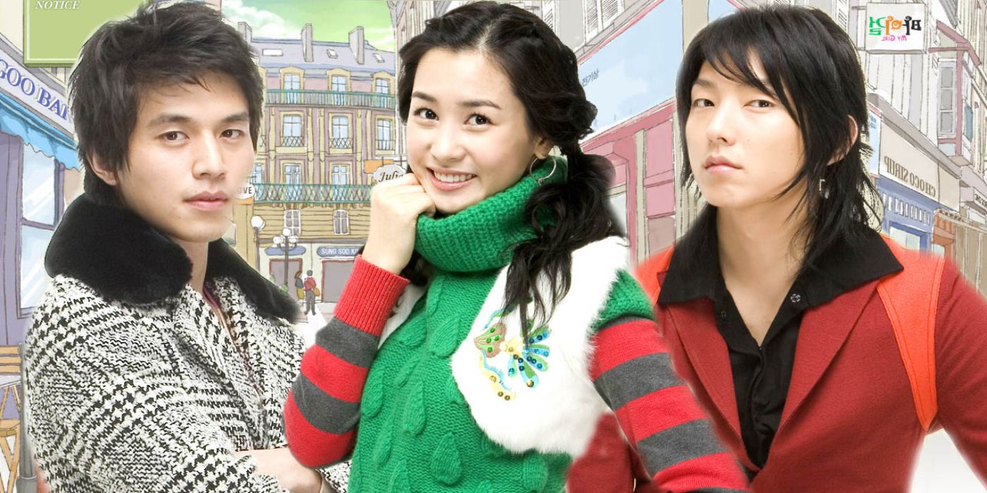 Characters from the K-drama My Girl in front of a drawing of a city backdrop.