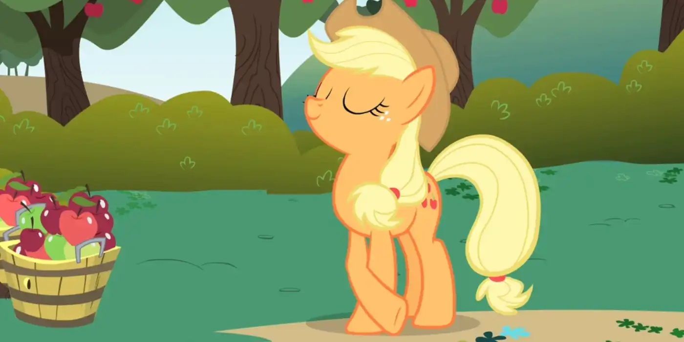 Applejack poses happily next to a barrel full of apples